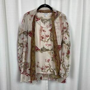 Citron Santa Monica Beige Asian Inspired Floral Print Silk Blouse&Scarf Sz.M